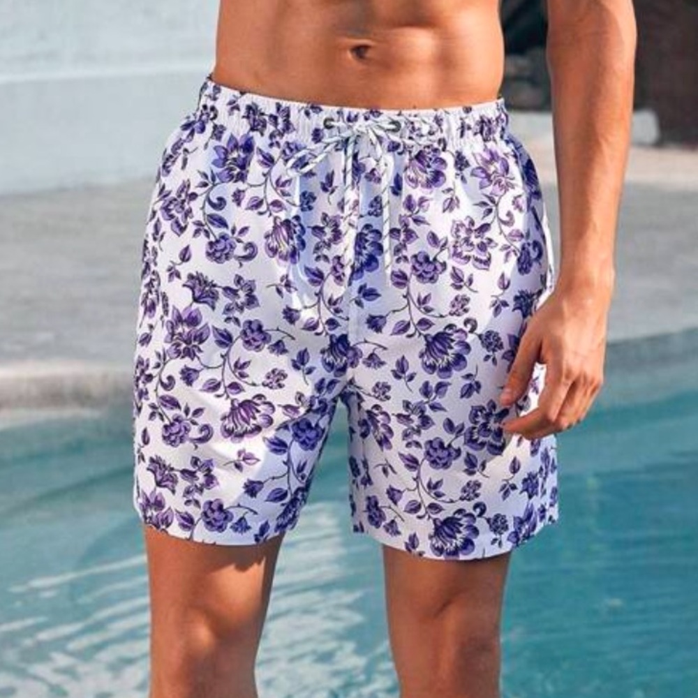 Floral Print Men's Swim Shorts - White and Purple